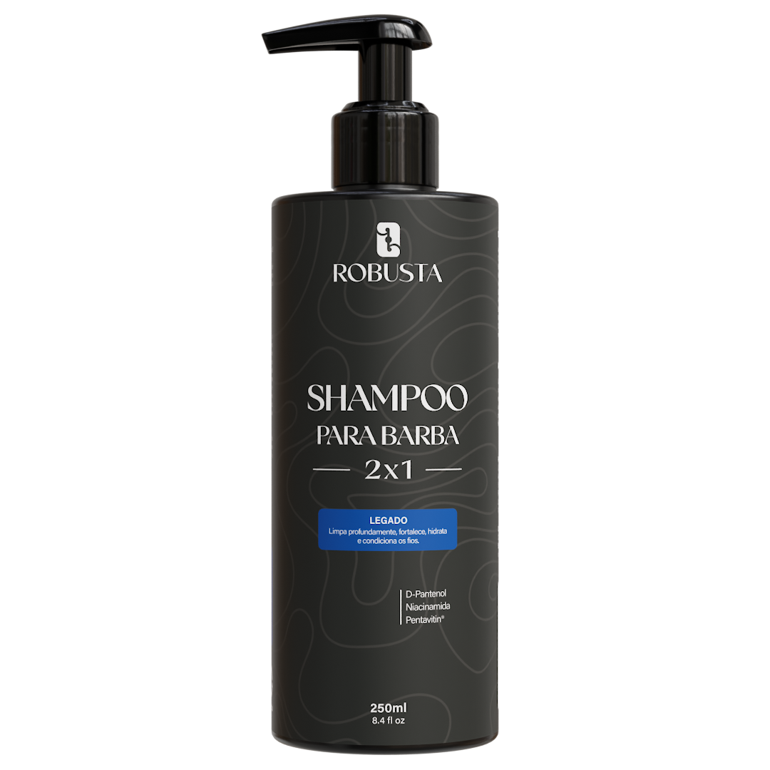 Shampoo 2 em 1 para Barba 250ml Robusta versão Legado, embalagem em fundo branco