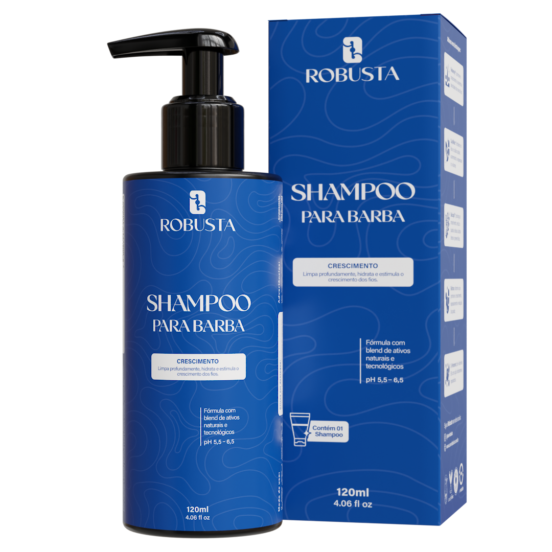 Shampoo de Crescimento para Barba 120ml Robusta, embalagem em fundo branco